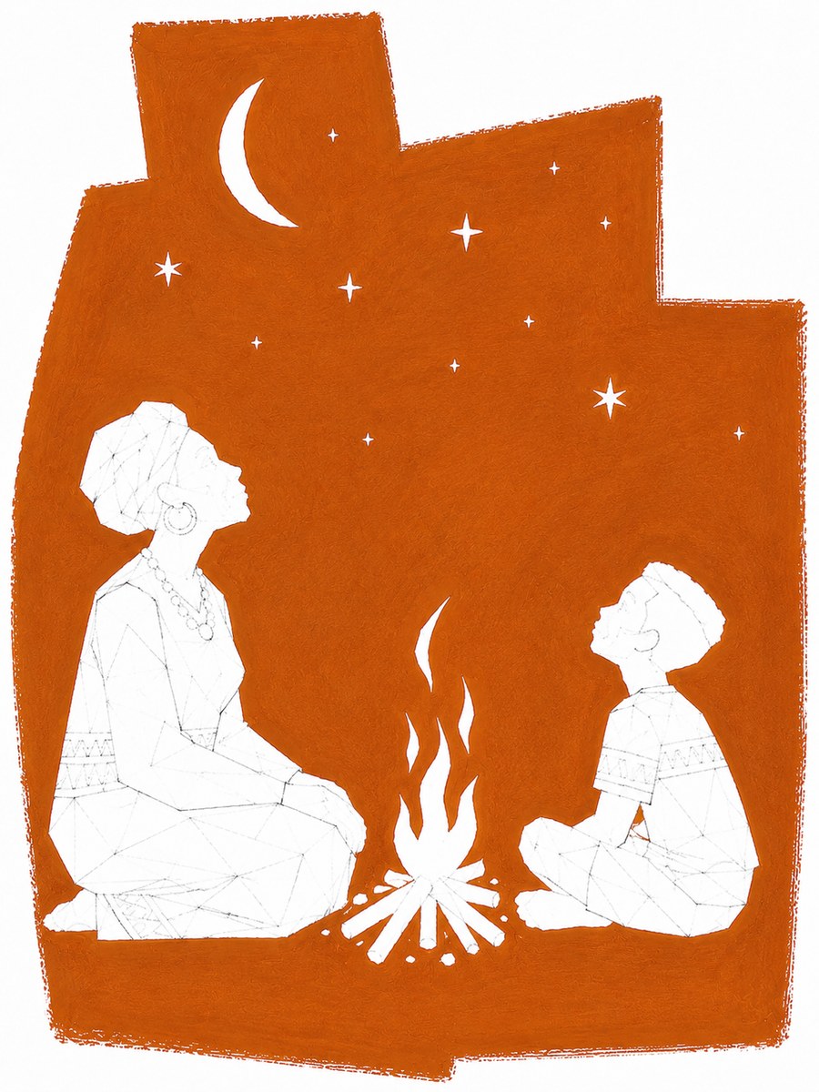 Maaa Pauline raconte un conte au coin du feu à un enfant, sous le croissant de lune et les étoiles